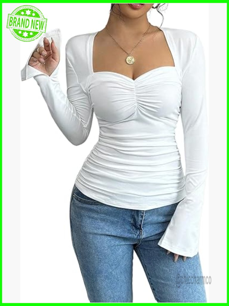 Long Sleeve Ruched Fitted Tee Square Neck Slim Fit Casual Top